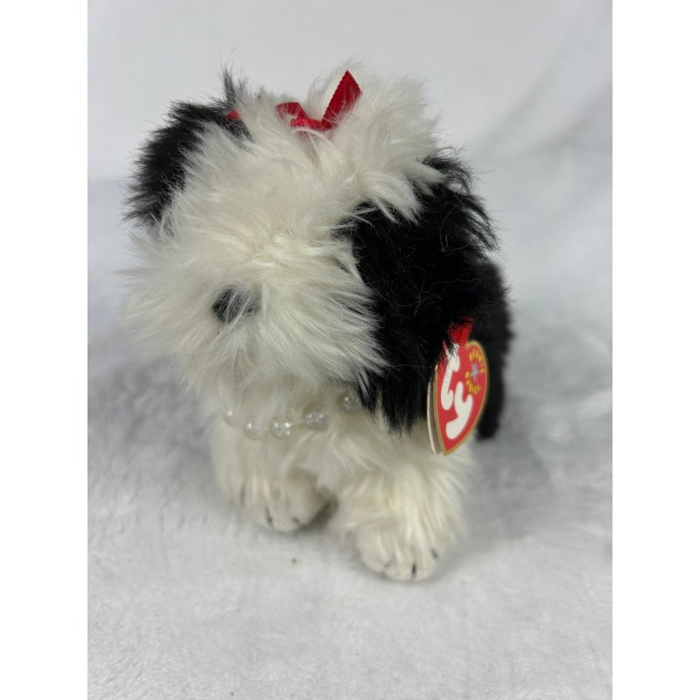 Ty Beanie Baby 2001 POOFIE the Dog Puppy with Tags Black White Plush with Neckla